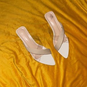 clear criss cross knit mule sandals